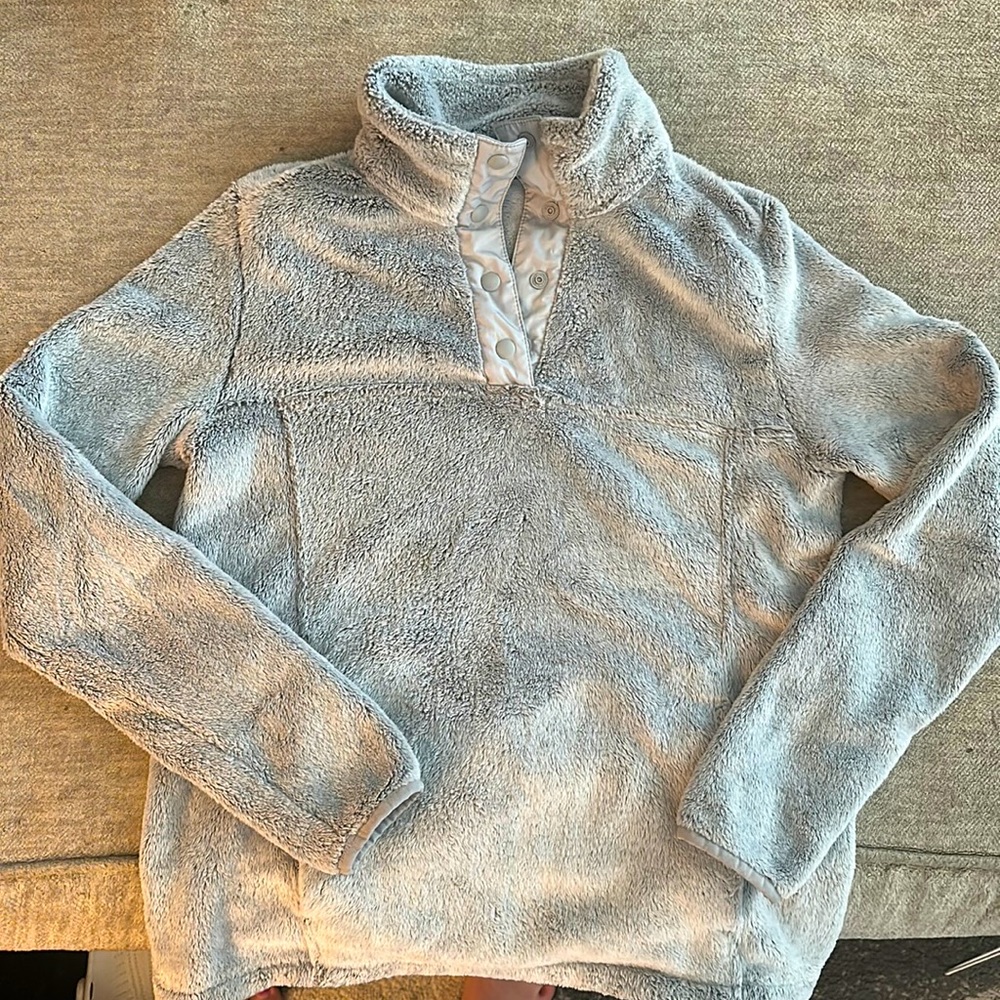 Lands’ End Womens Fuzzy Fleece 1/4 Snap Button Pullover Size S (6-8) Gray
